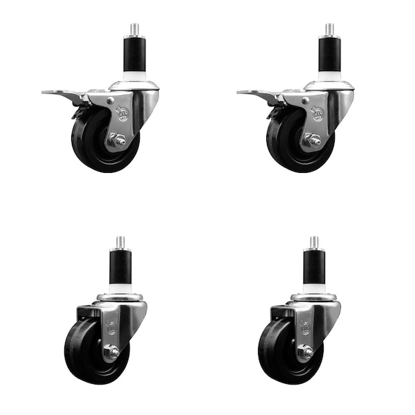 3'' Phenolic Swivel 1-3/8'' Expanding Stem Caster Set 2 Total Lock Brakes, 4PK